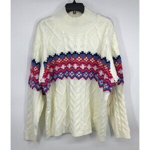 St. Johns Bay Sweater White Fair Isle Mock Turtleneck Cable Knit